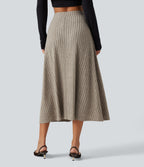 Ribbed Knit High Waisted A-Line Midi Party Skirt — Warm Grey Floral Velvet — view 2