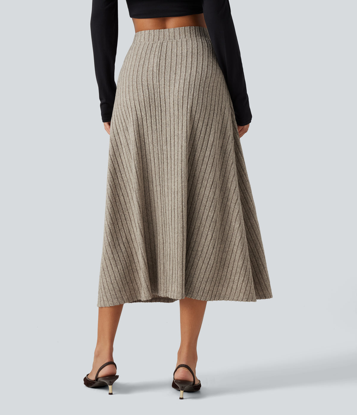 Ribbed Knit High Waisted A-Line Midi Party Skirt — Warm Grey Floral Velvet — view 2