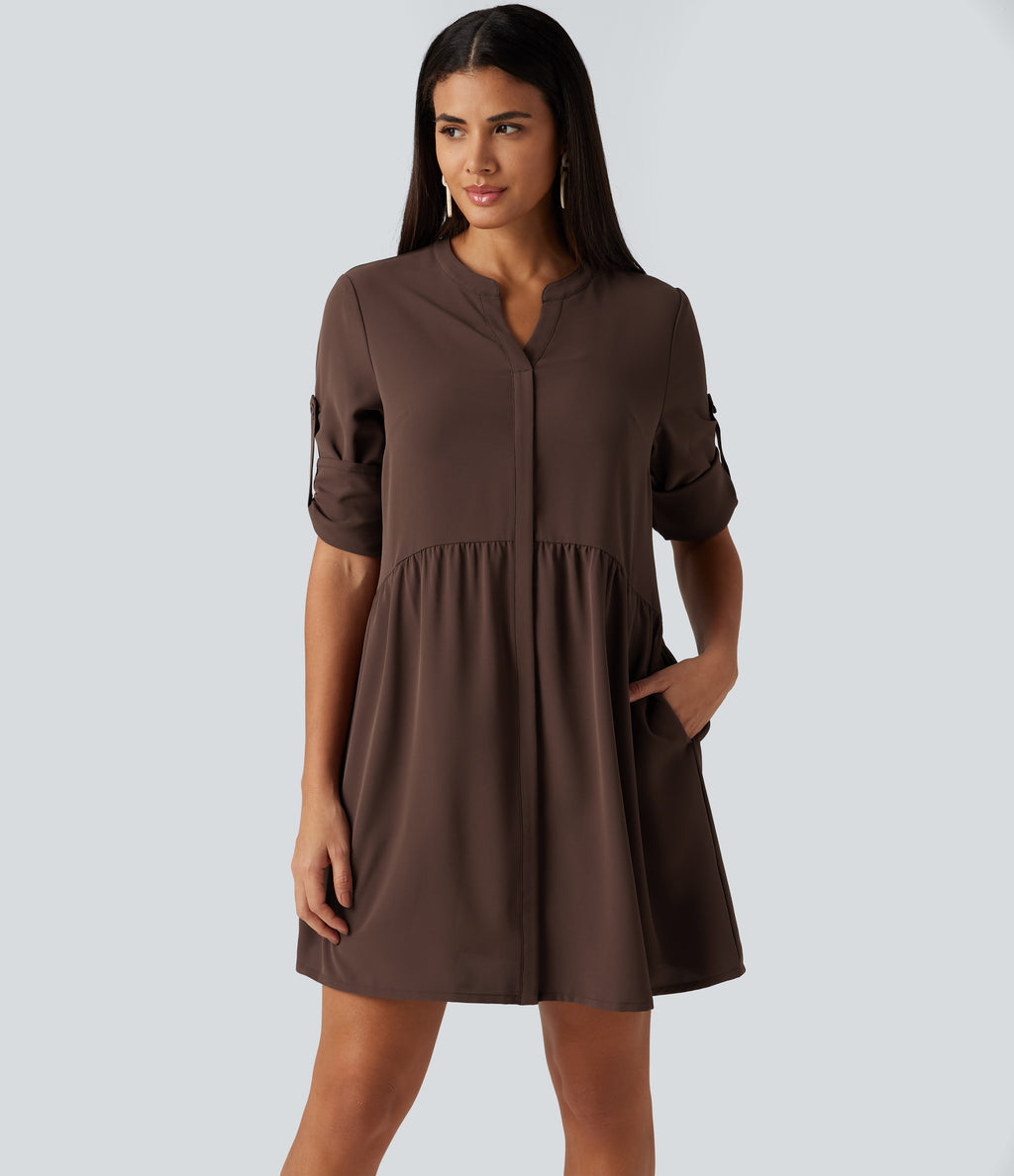 Notched Collar Long Sleeve Mini Casual Shirt Dress with Pockets — Brown Stone — view 5
