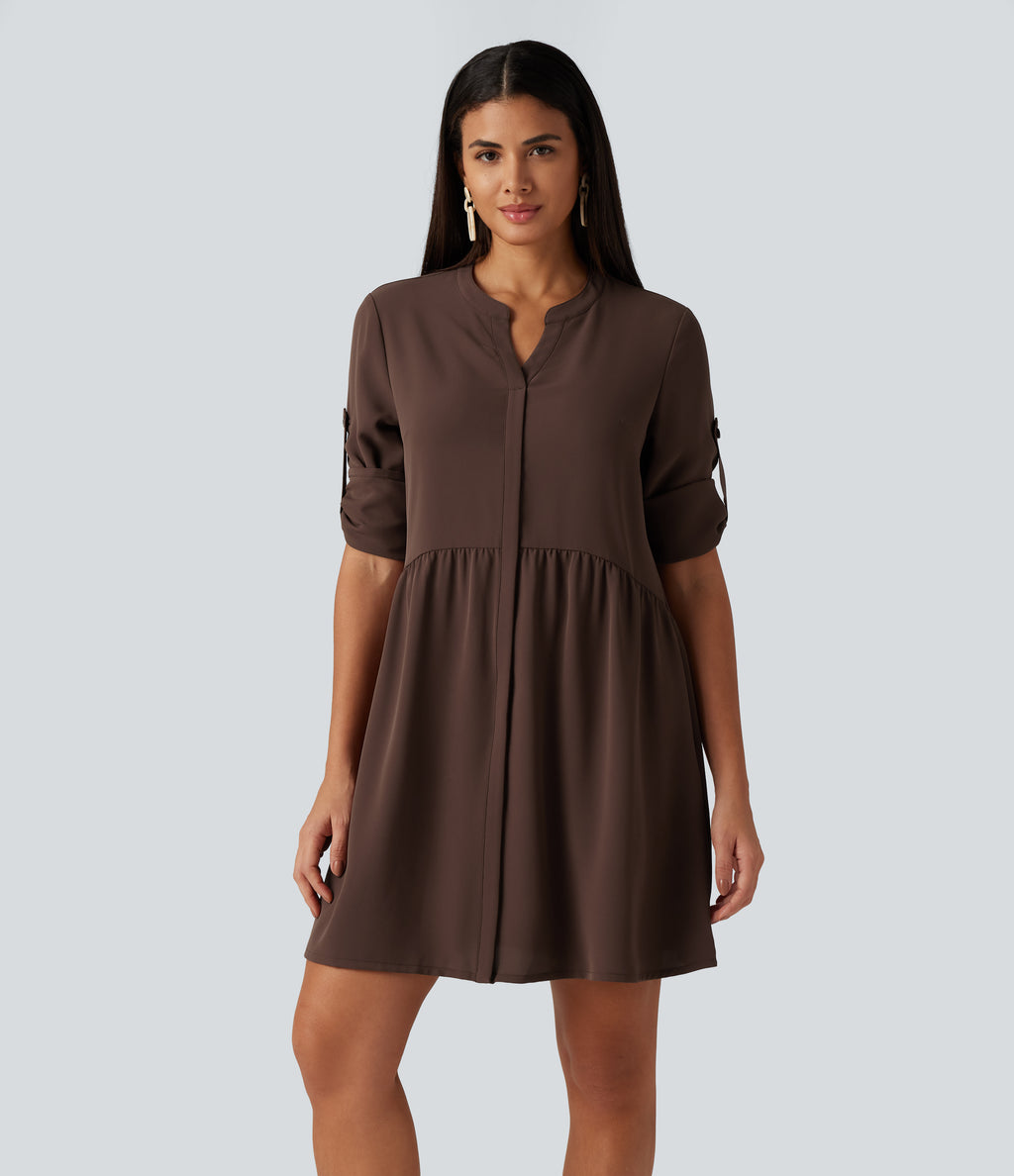Notched Collar Long Sleeve Mini Casual Shirt Dress with Pockets — Brown Stone — view 4
