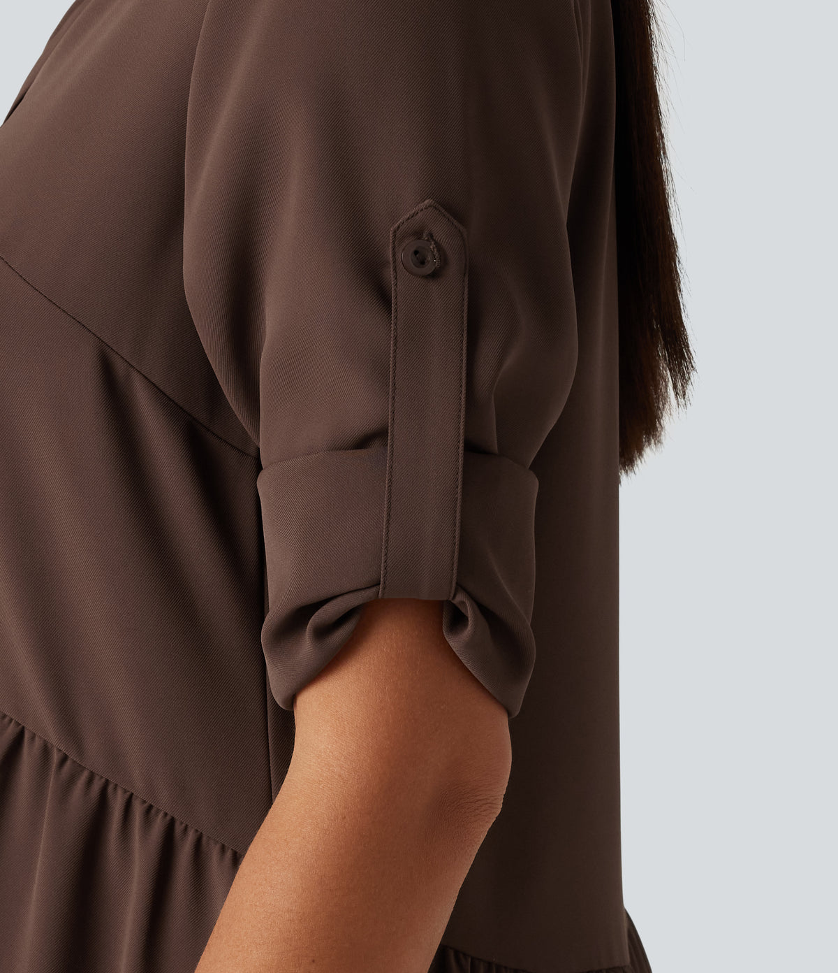 Notched Collar Long Sleeve Mini Casual Shirt Dress with Pockets — Brown Stone — view 6