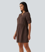 Notched Collar Long Sleeve Mini Casual Shirt Dress with Pockets — Brown Stone — view 3