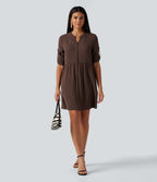 Notched Collar Long Sleeve Mini Casual Shirt Dress with Pockets — Brown Stone — view 8
