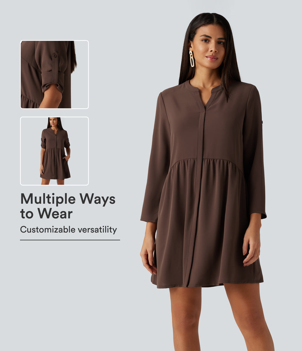Notched Collar Long Sleeve Mini Casual Shirt Dress with Pockets — Brown Stone — view 1