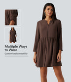 Notched Collar Long Sleeve Mini Casual Shirt Dress with Pockets — Brown Stone — view 1