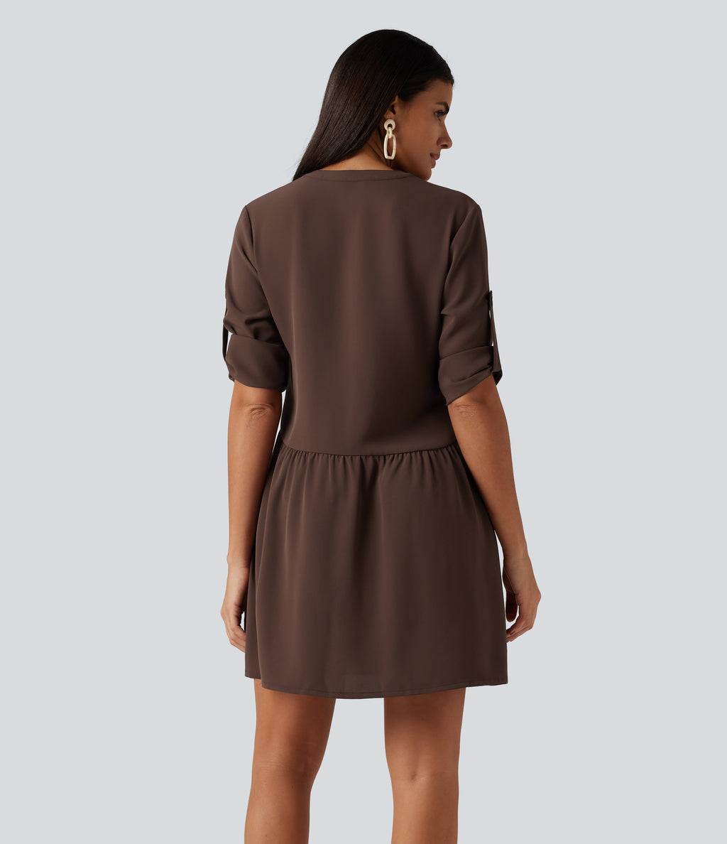 Notched Collar Long Sleeve Mini Casual Shirt Dress with Pockets — Brown Stone — view 2