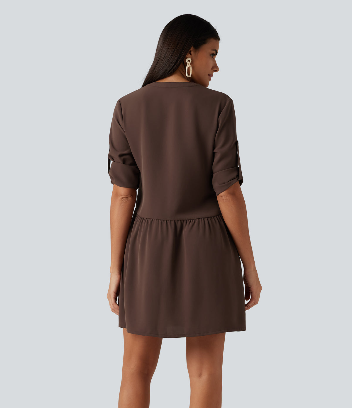 Notched Collar Long Sleeve Mini Casual Shirt Dress with Pockets — Brown Stone — view 2