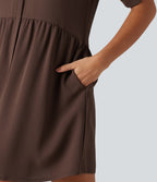 Notched Collar Long Sleeve Mini Casual Shirt Dress with Pockets — Brown Stone — view 7