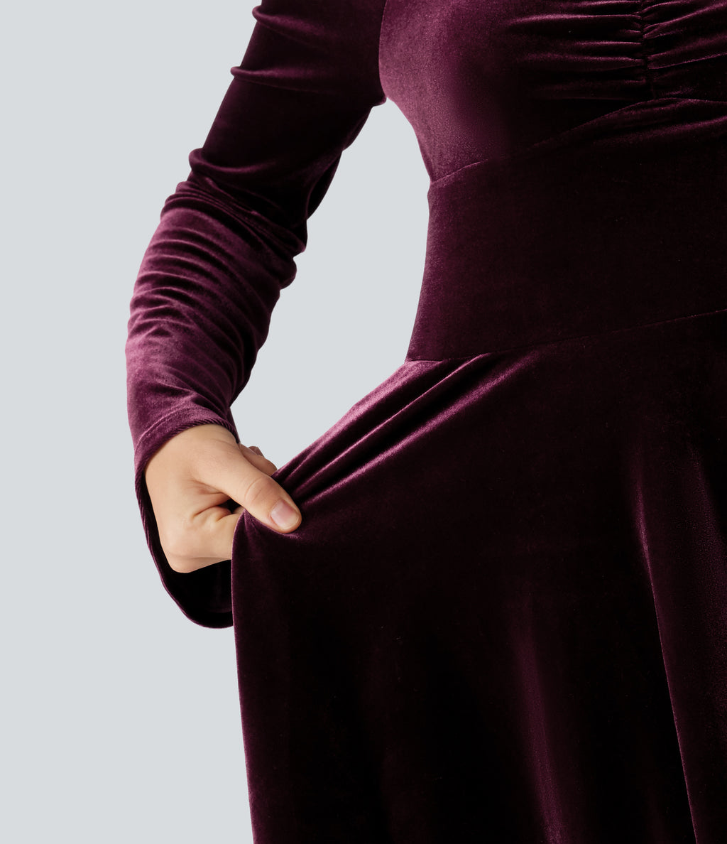 Diamond Collar Long Sleeve Ruched A-Line Velvet Mini Party Dress with Pockets — Dusky purple — view 7