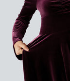 Diamond Collar Long Sleeve Ruched A-Line Velvet Mini Party Dress with Pockets — Dusky purple — view 7