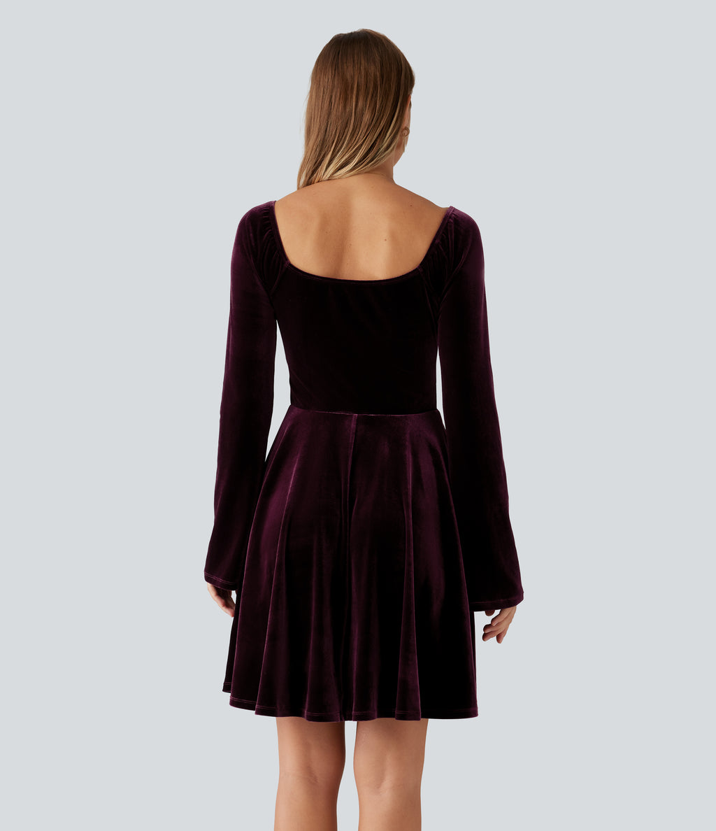 Diamond Collar Long Sleeve Ruched A-Line Velvet Mini Party Dress with Pockets — Dusky purple — view 2