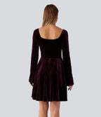 Diamond Collar Long Sleeve Ruched A-Line Velvet Mini Party Dress with Pockets — Dusky purple — view 2