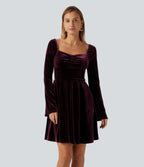 Diamond Collar Long Sleeve Ruched A-Line Velvet Mini Party Dress with Pockets — Dusky purple — view 1