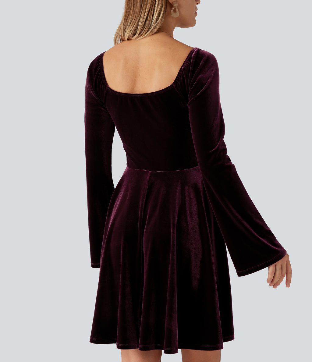 Diamond Collar Long Sleeve Ruched A-Line Velvet Mini Party Dress with Pockets — Dusky purple — view 5