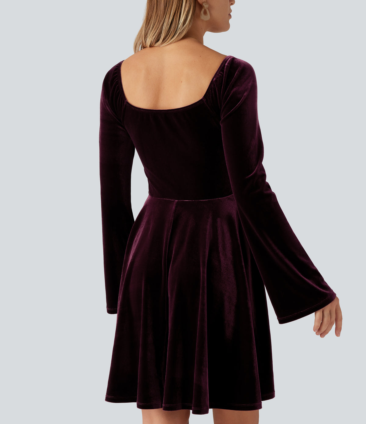 Diamond Collar Long Sleeve Ruched A-Line Velvet Mini Party Dress with Pockets — Dusky purple — view 5