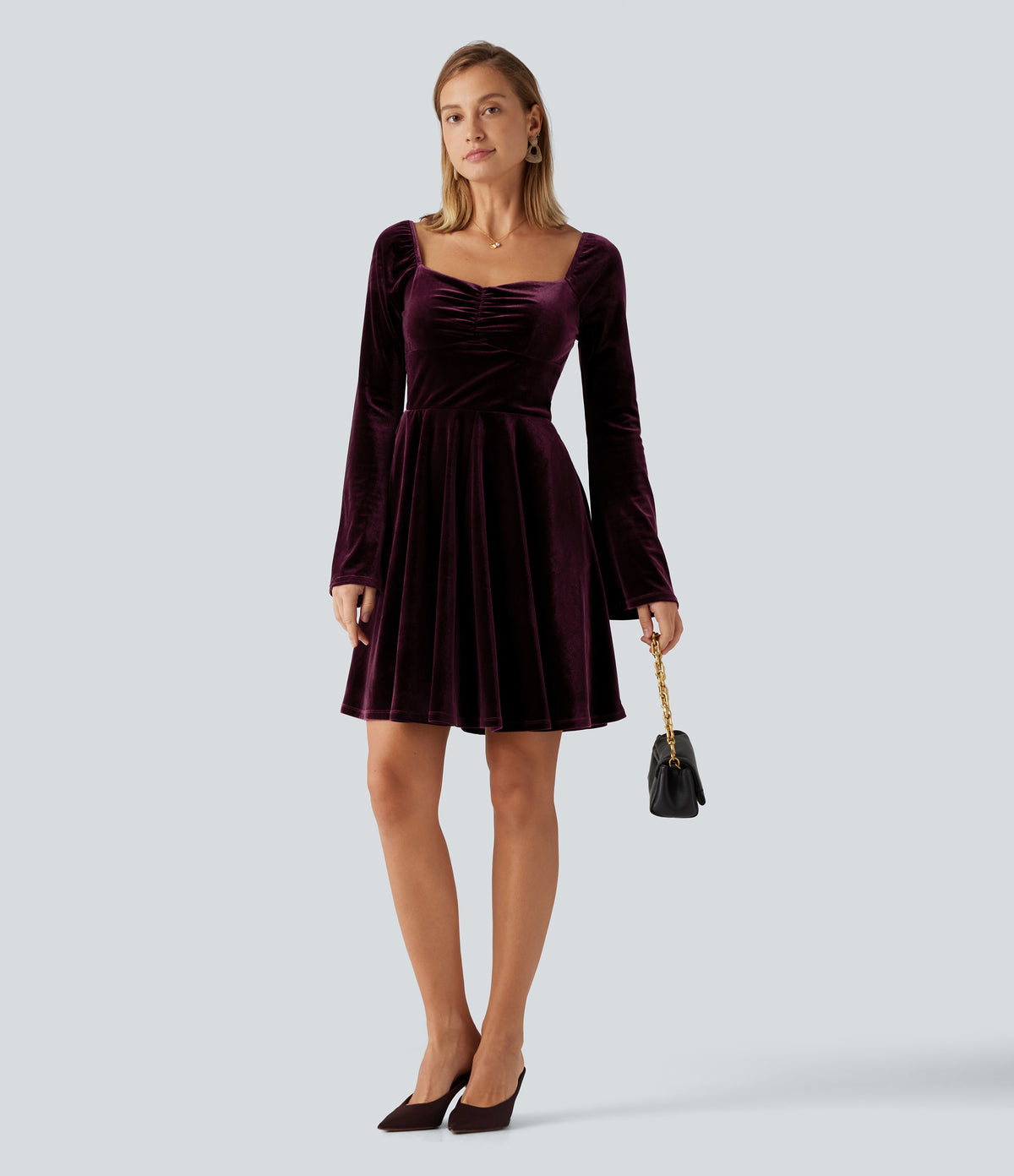Diamond Collar Long Sleeve Ruched A-Line Velvet Mini Party Dress with Pockets — Dusky purple — view 6