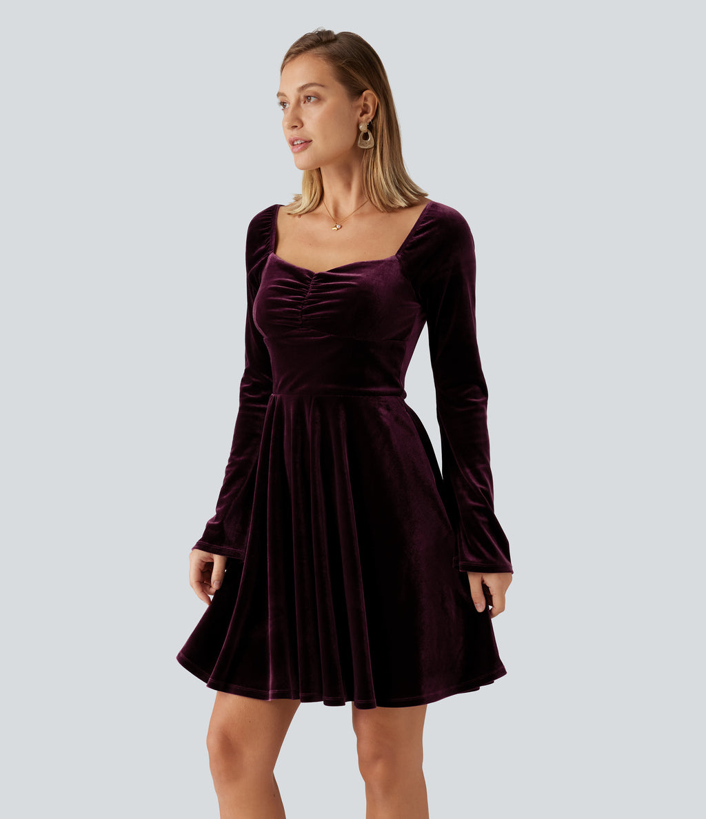 Diamond Collar Long Sleeve Ruched A-Line Velvet Mini Party Dress with Pockets — Dusky purple — view 3