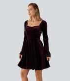 Diamond Collar Long Sleeve Ruched A-Line Velvet Mini Party Dress with Pockets — Dusky purple — view 3