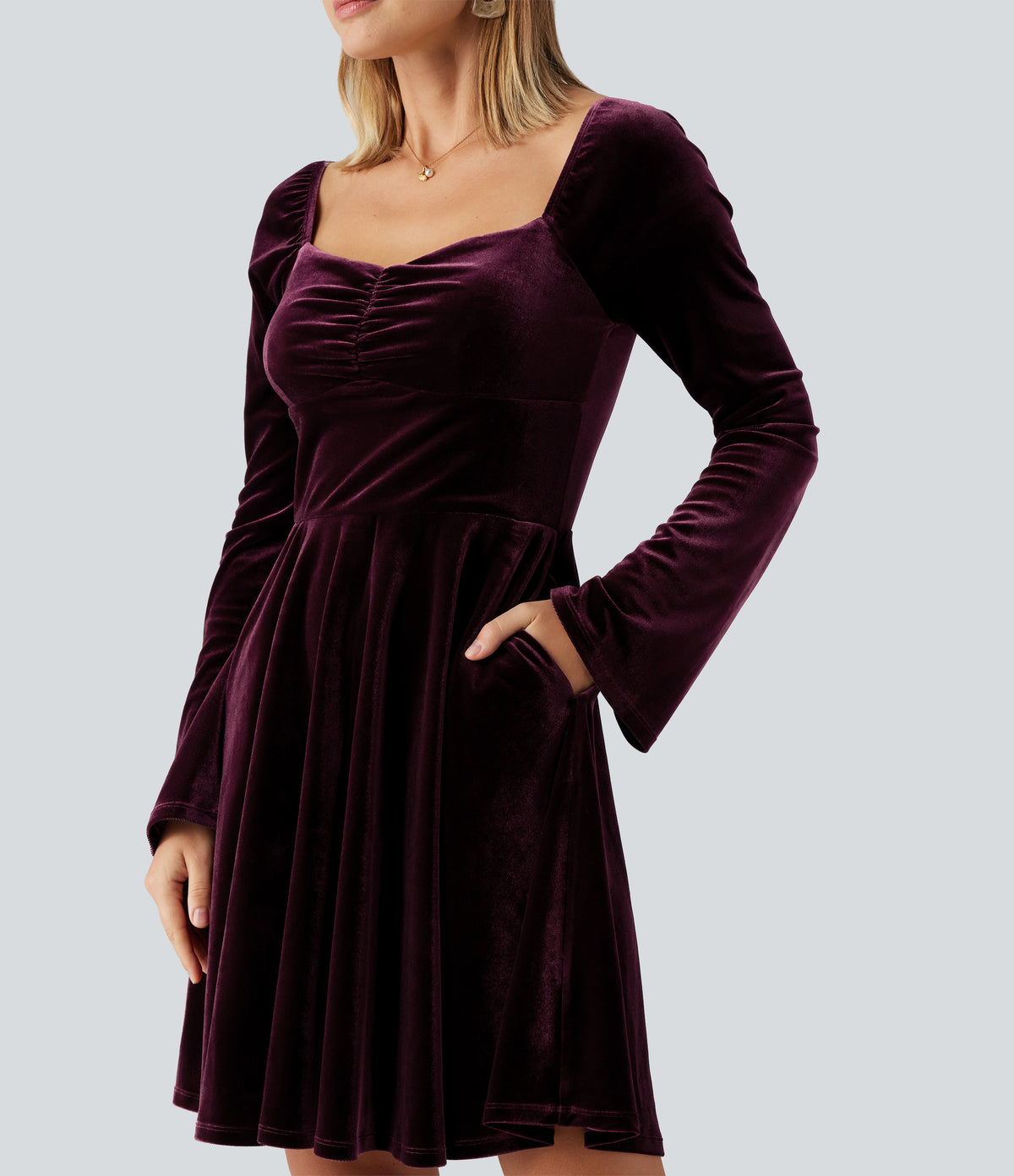 Diamond Collar Long Sleeve Ruched A-Line Velvet Mini Party Dress with Pockets — Dusky purple — view 4
