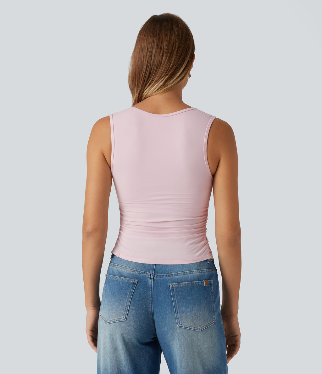 V Neck Ruched Built-in Bra Casual Tank Top — Parfait Pink — view 2