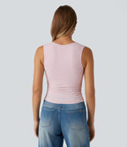 V Neck Ruched Built-in Bra Casual Tank Top — Parfait Pink — view 2