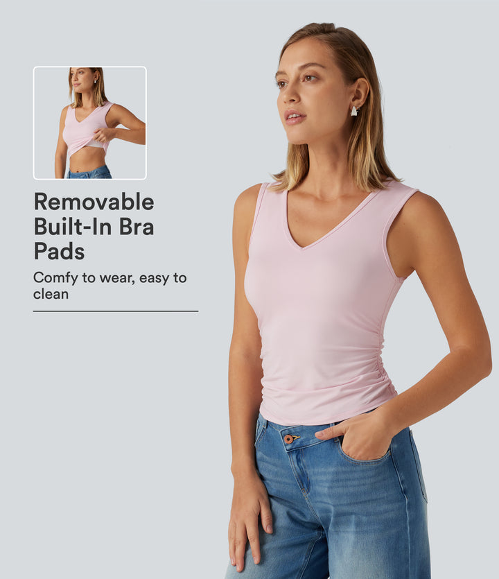 V Neck Ruched Built-in Bra Casual Tank Top — Parfait Pink — view 1