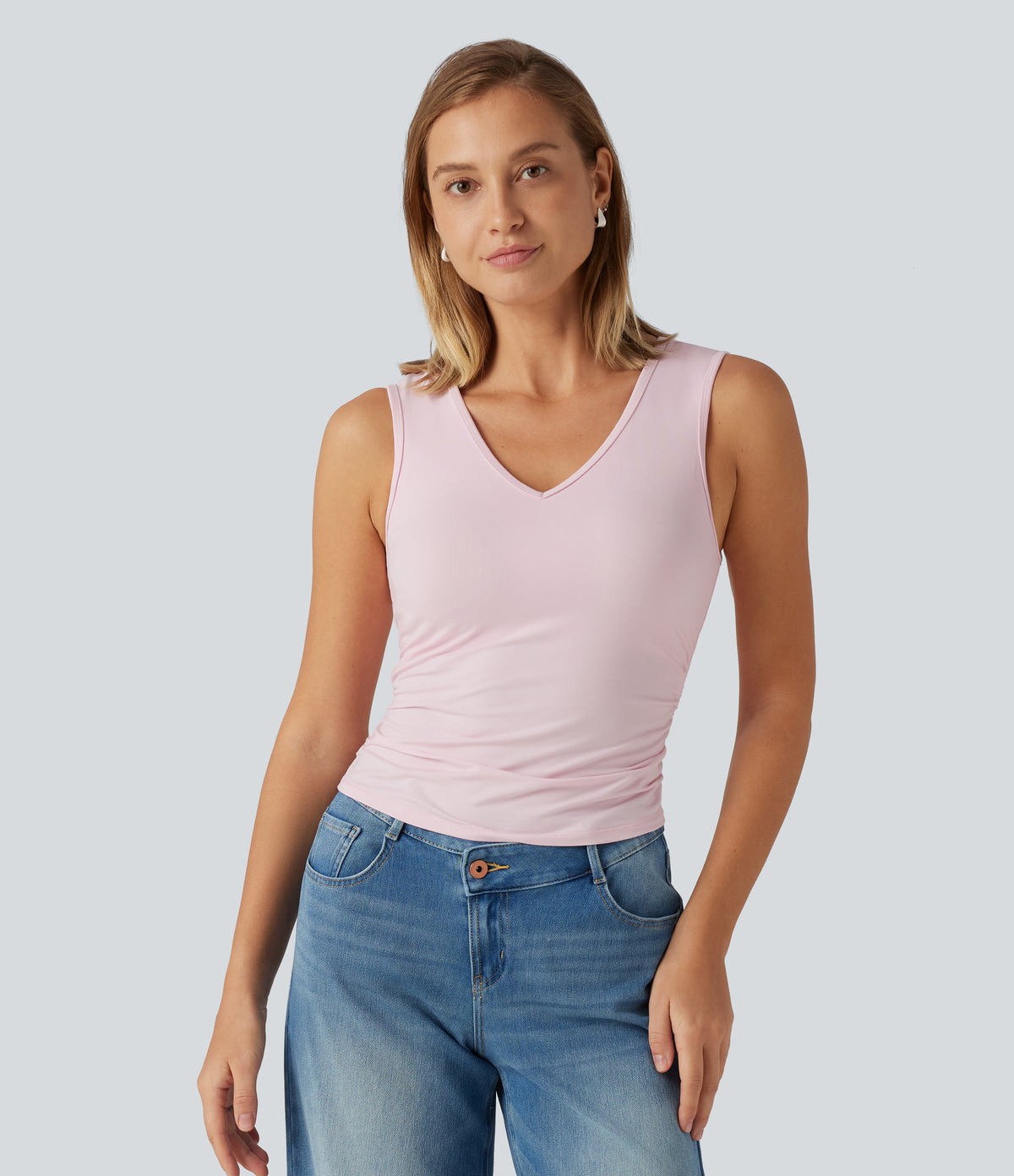 V Neck Ruched Built-in Bra Casual Tank Top — Parfait Pink — view 3