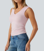 V Neck Ruched Built-in Bra Casual Tank Top — Parfait Pink — view 6