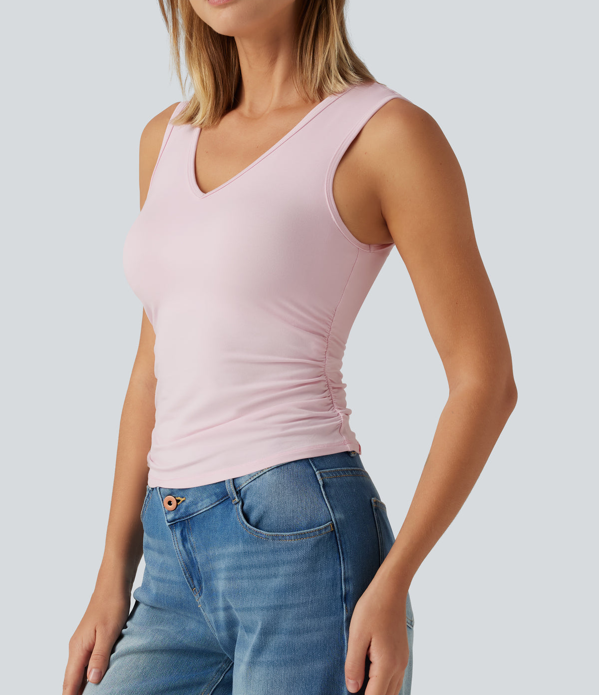 V Neck Ruched Built-in Bra Casual Tank Top — Parfait Pink — view 6