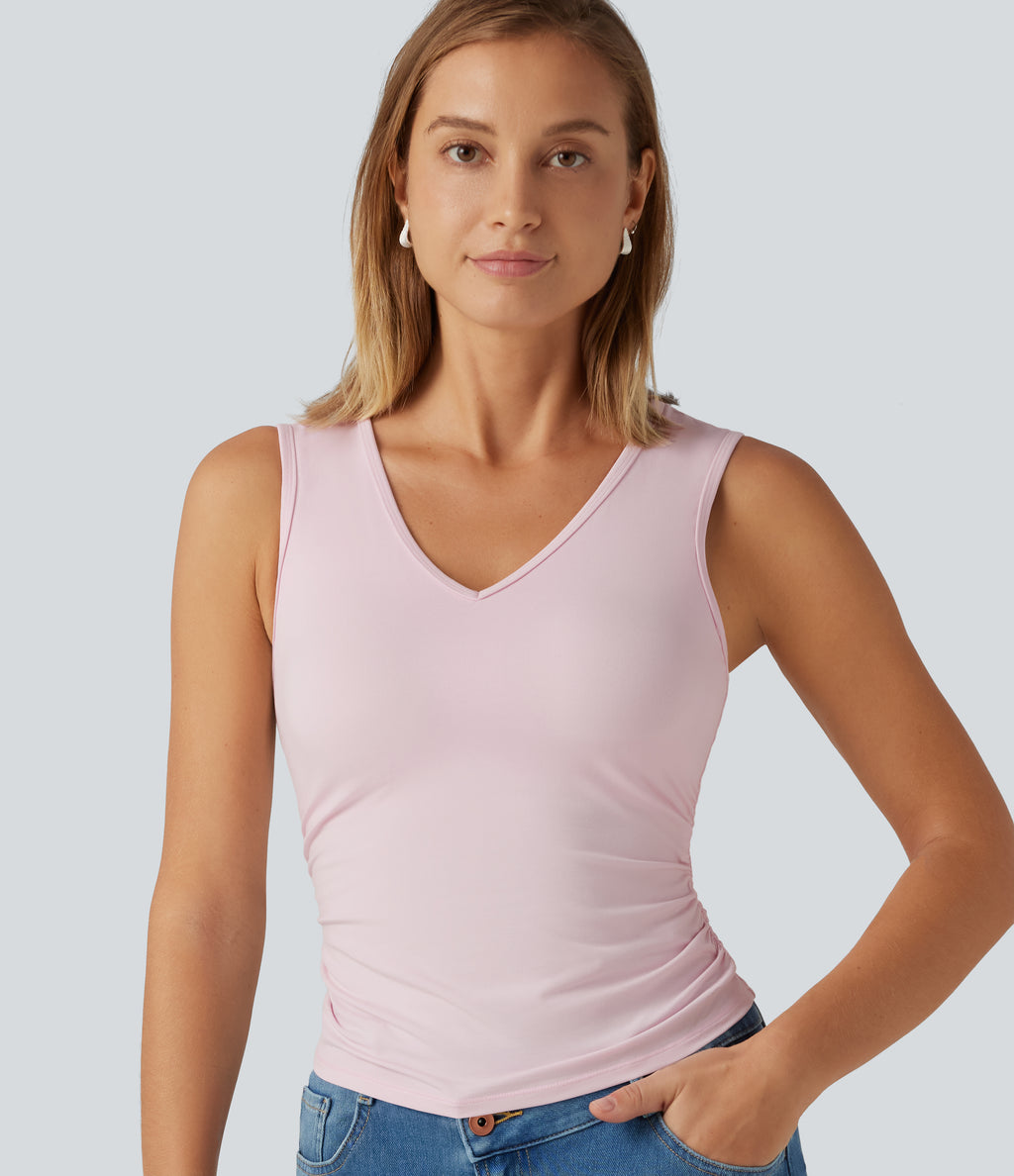 V Neck Ruched Built-in Bra Casual Tank Top — Parfait Pink — view 5