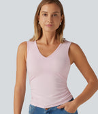 V Neck Ruched Built-in Bra Casual Tank Top — Parfait Pink — view 5