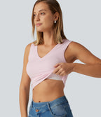 V Neck Ruched Built-in Bra Casual Tank Top — Parfait Pink — view 4