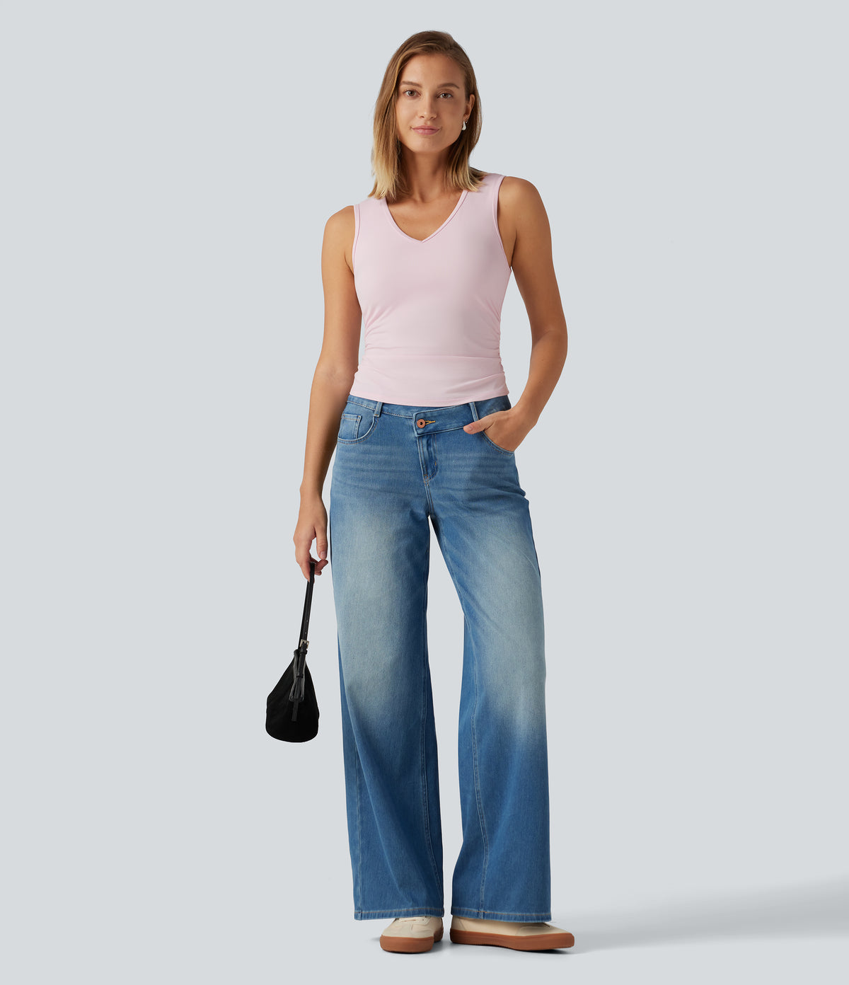 V Neck Ruched Built-in Bra Casual Tank Top — Parfait Pink — view 8