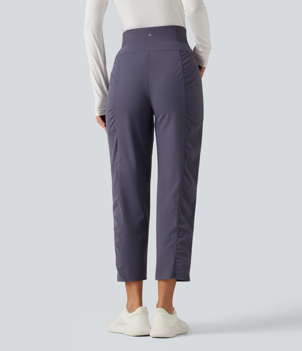 High Waisted Ruched Tapered Quick Dry Running Trousers with Pockets — Charcoal Blue — view 3