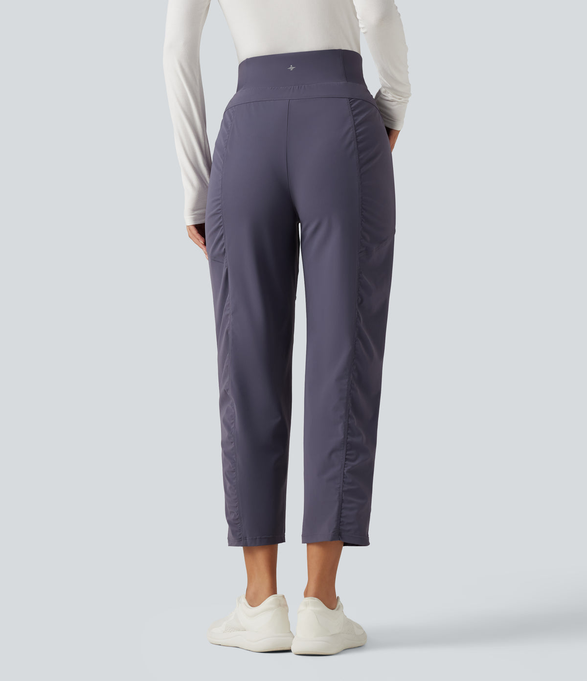 High Waisted Ruched Tapered Quick Dry Running Trousers with Pockets — Charcoal Blue — view 3