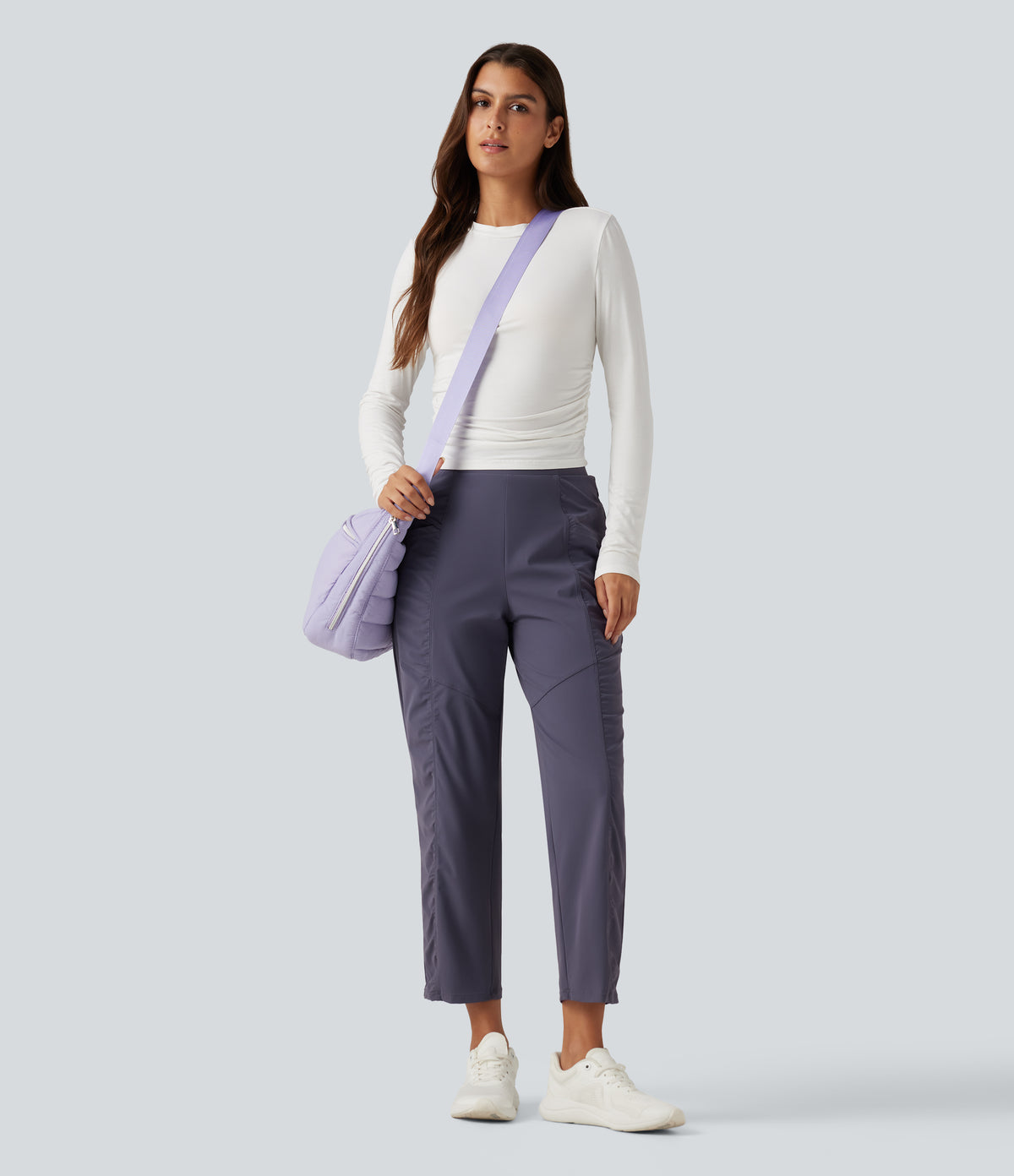 High Waisted Ruched Tapered Quick Dry Running Trousers with Pockets — Charcoal Blue — view 8
