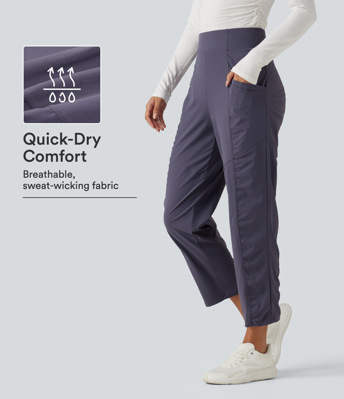 High Waisted Ruched Tapered Quick Dry Running Trousers with Pockets — Charcoal Blue — view 1