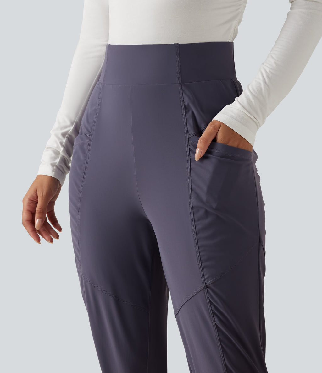 High Waisted Ruched Tapered Quick Dry Running Trousers with Pockets — Charcoal Blue — view 4