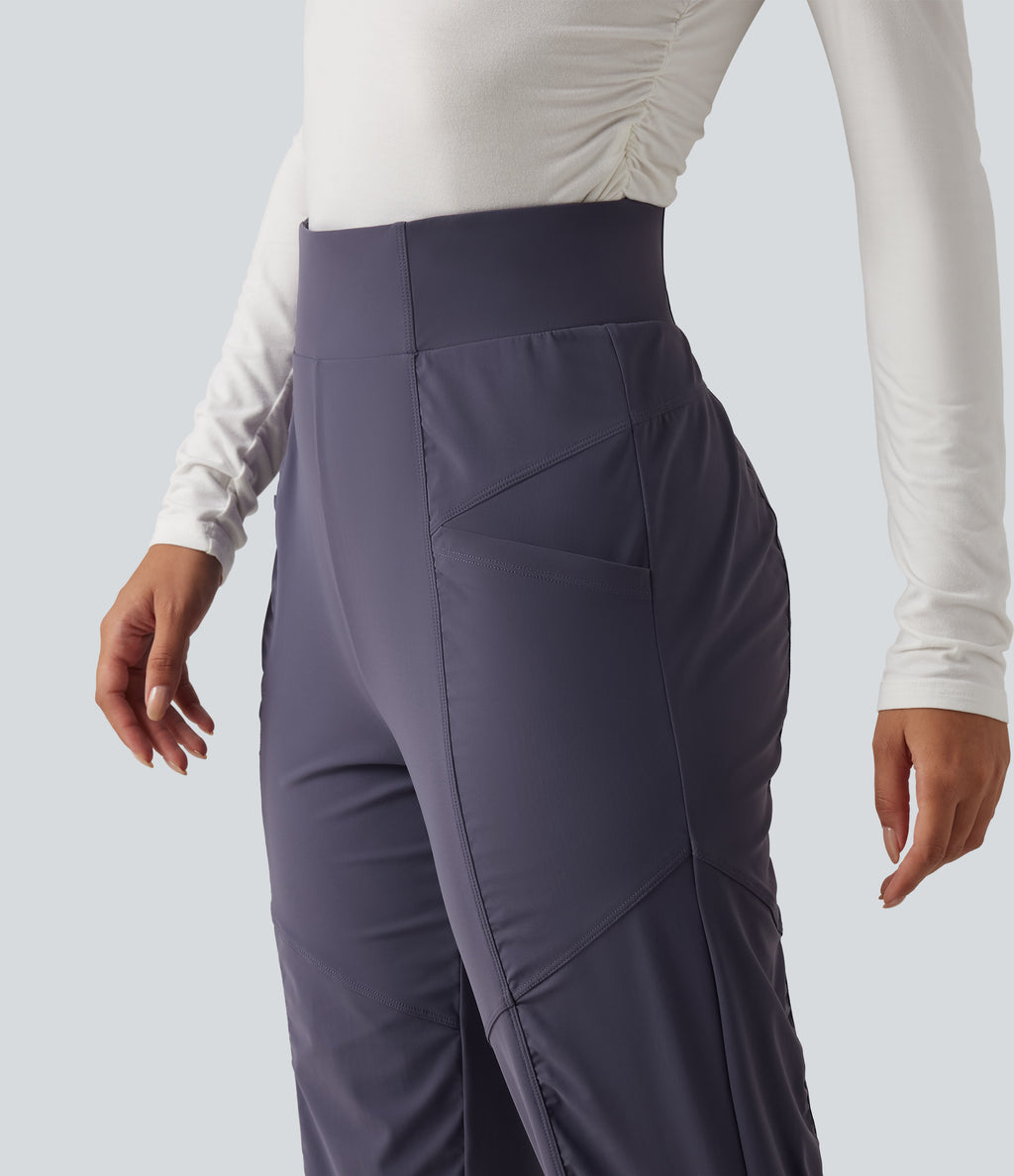 High Waisted Ruched Tapered Quick Dry Running Trousers with Pockets — Charcoal Blue — view 6