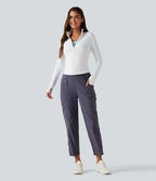 High Waisted Ruched Tapered Quick Dry Running Trousers with Pockets — Charcoal Blue — view 7