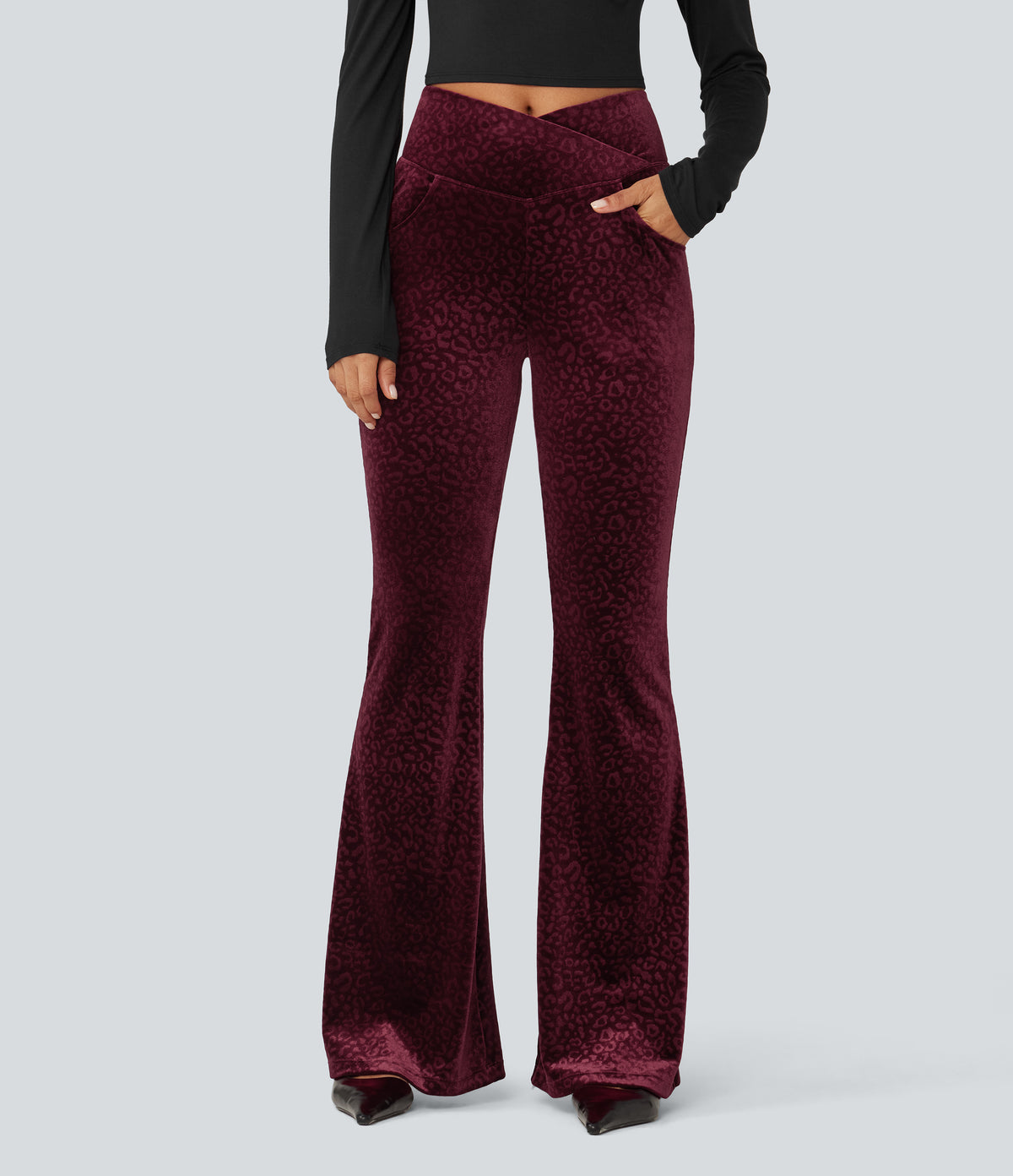 High Waisted Crossover Leopard Print Velvet Casual Flare Trousers with Pockets — Crimson Wild — view 3