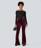 High Waisted Crossover Leopard Print Velvet Casual Flare Trousers with Pockets — Crimson Wild — view 6