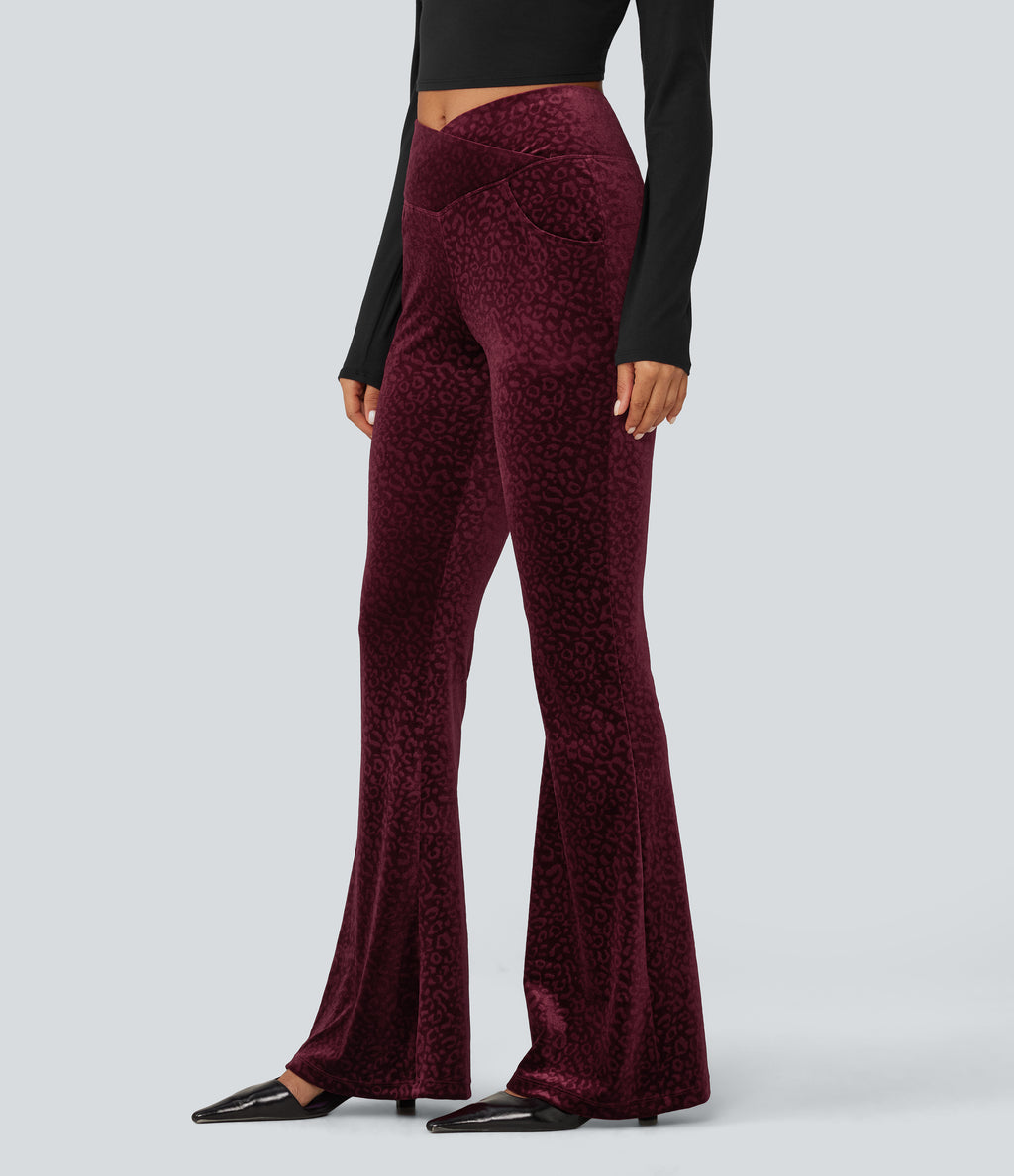High Waisted Crossover Leopard Print Velvet Casual Flare Trousers with Pockets — Crimson Wild — view 1