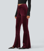 High Waisted Crossover Leopard Print Velvet Casual Flare Trousers with Pockets — Crimson Wild — view 1