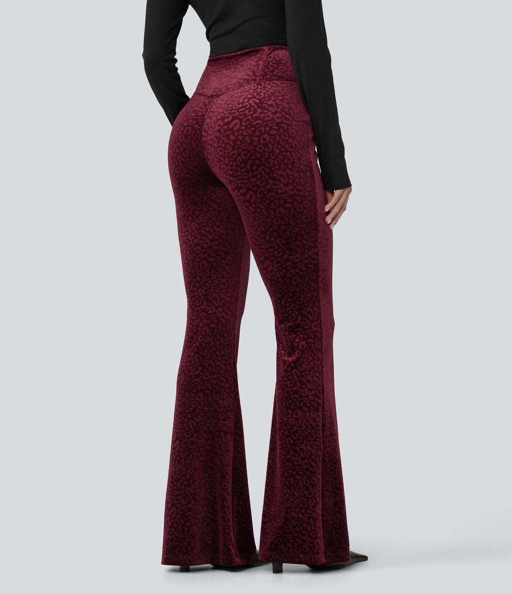 High Waisted Crossover Leopard Print Velvet Casual Flare Trousers with Pockets — Crimson Wild — view 2