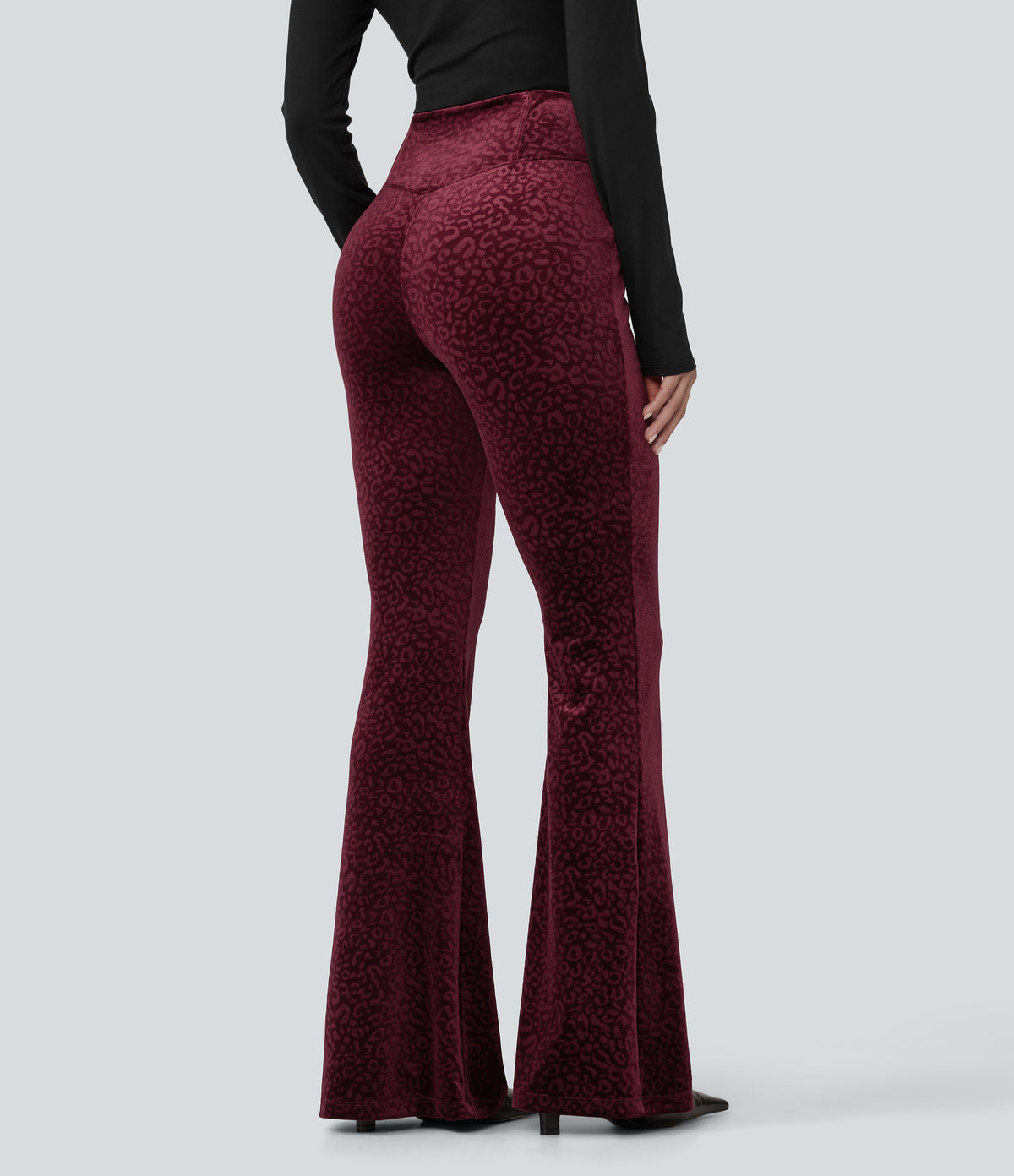 High Waisted Crossover Leopard Print Velvet Casual Flare Trousers with Pockets — Crimson Wild — view 2