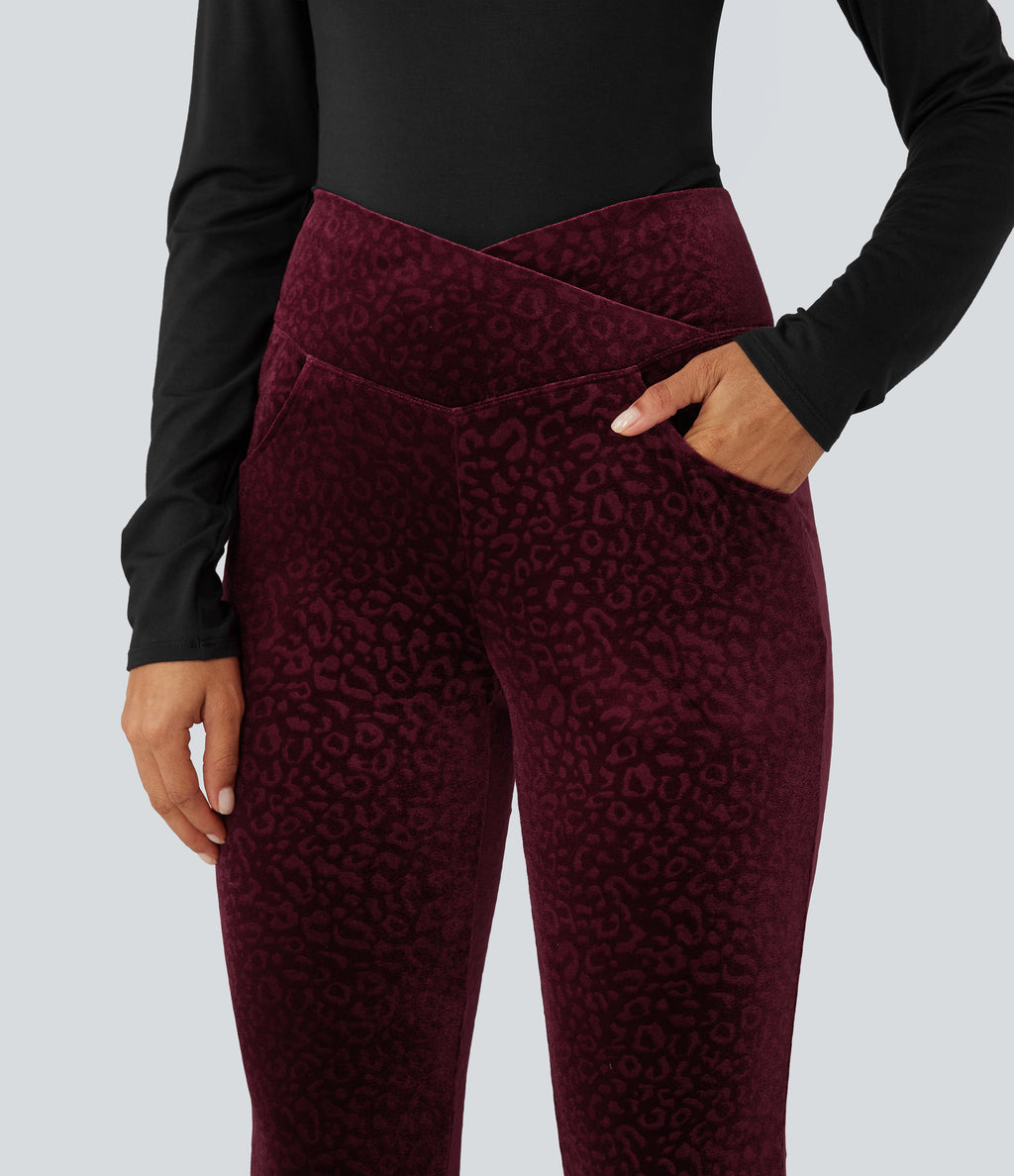High Waisted Crossover Leopard Print Velvet Casual Flare Trousers with Pockets — Crimson Wild — view 4