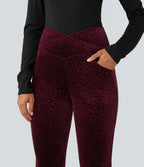 High Waisted Crossover Leopard Print Velvet Casual Flare Trousers with Pockets — Crimson Wild — view 4