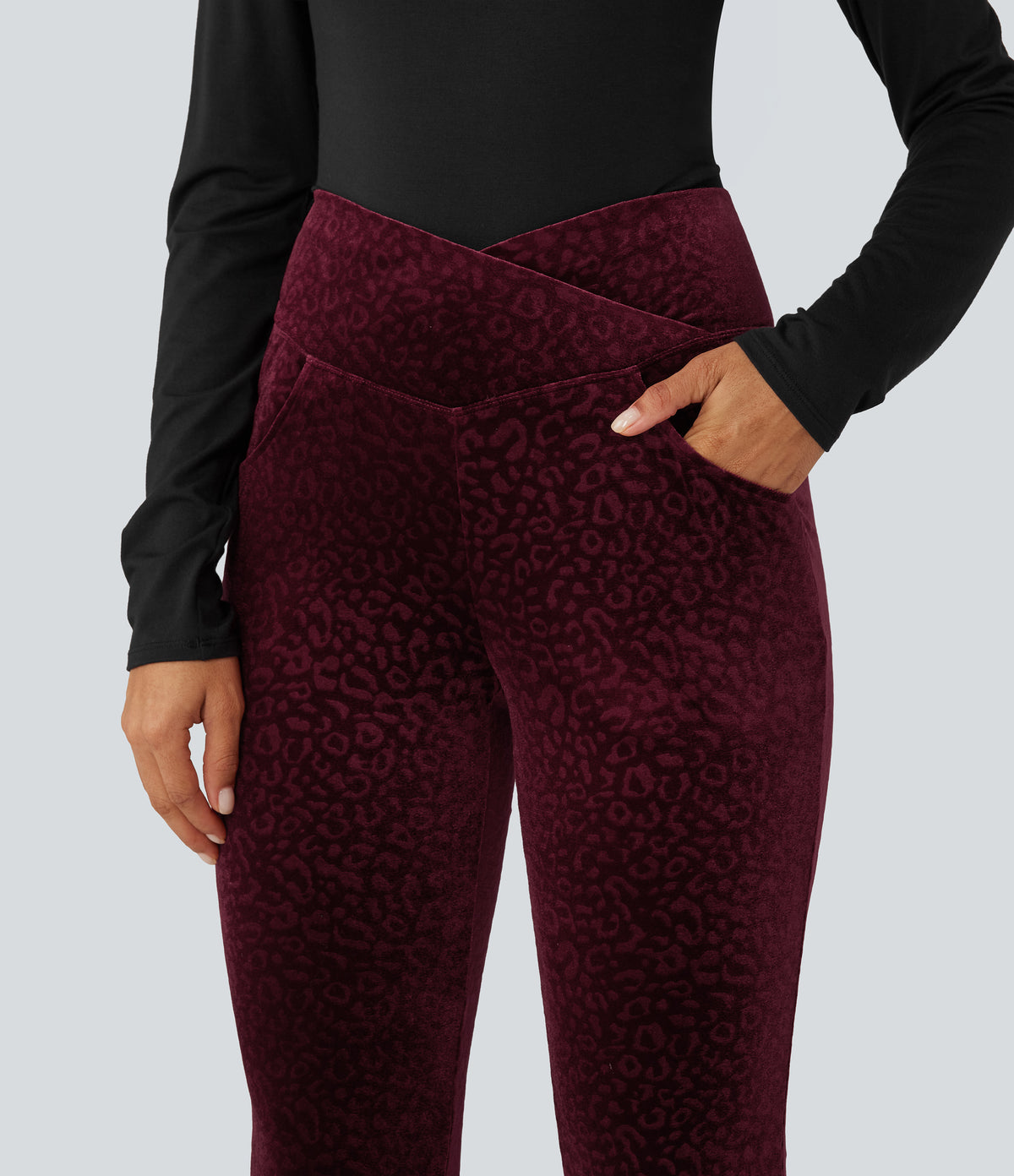 High Waisted Crossover Leopard Print Velvet Casual Flare Trousers with Pockets — Crimson Wild — view 4