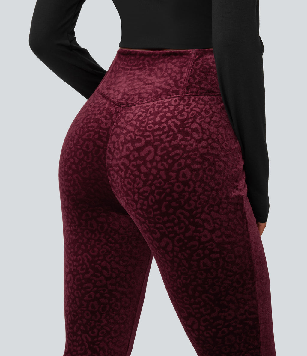 High Waisted Crossover Leopard Print Velvet Casual Flare Trousers with Pockets — Crimson Wild — view 5
